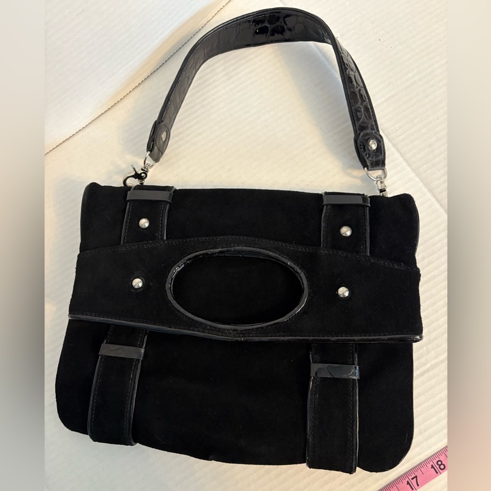 Donald J Pliner black suede with reptile leather two way bag